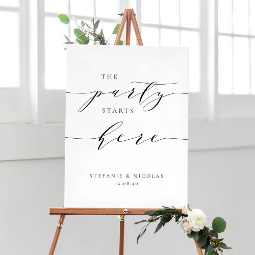 Black Dainty Script The Party Starts Here Wedding Poster
