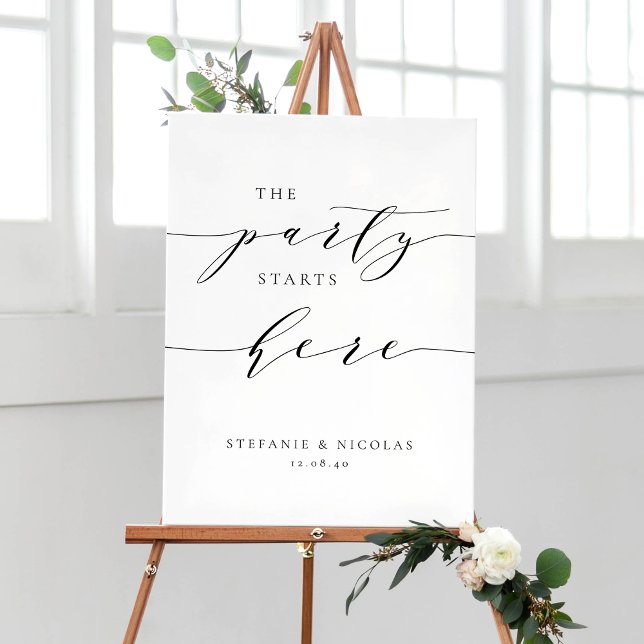Black Dainty Script The Party Starts Here Wedding Poster (Creator Uploaded)