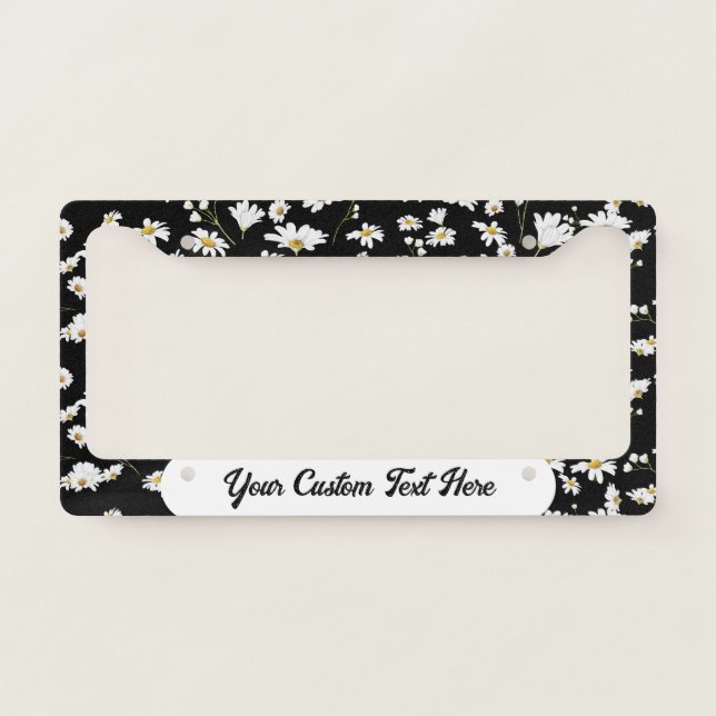 Black Daisy Flower Pattern Girly License Plate Frame (Front)