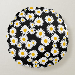 Black Daisy Round Pillow