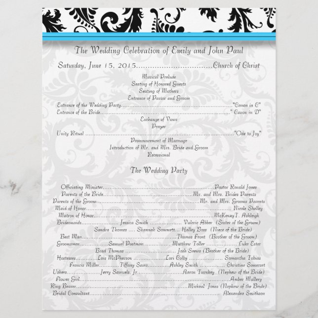 Black Damak Swirls Bright Aqua Wedding Program (Front)