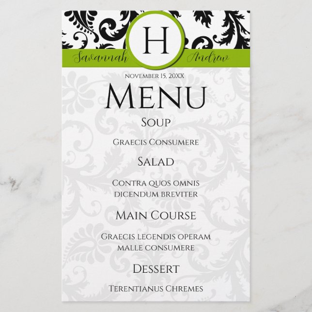 Black Damak Swirls Monogram Apple Green Menu (Front)