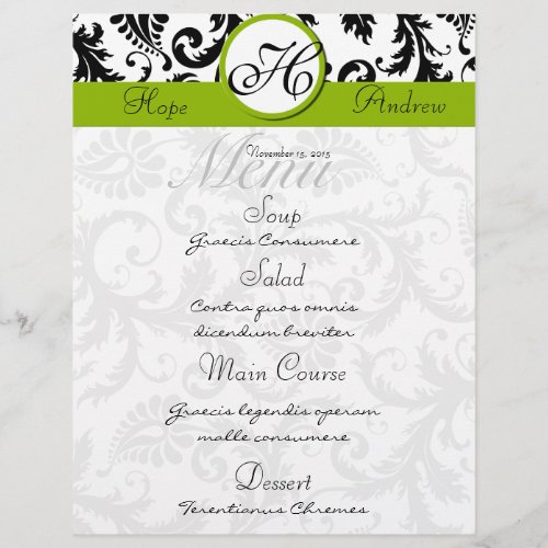 Black Damak Swirls Monogram Apple Green Menu