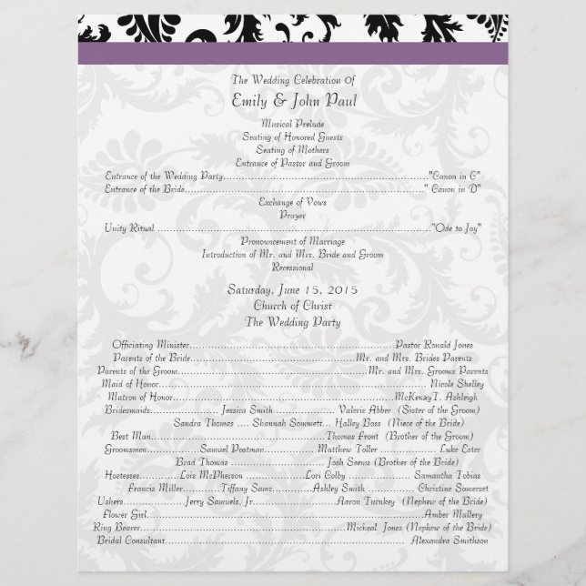 Black Damak Swirls  Wedding Program (Front)