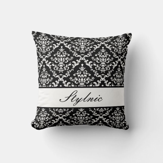 Black Damask #1 @ Stylnic customizable Throw Pillow (Front)