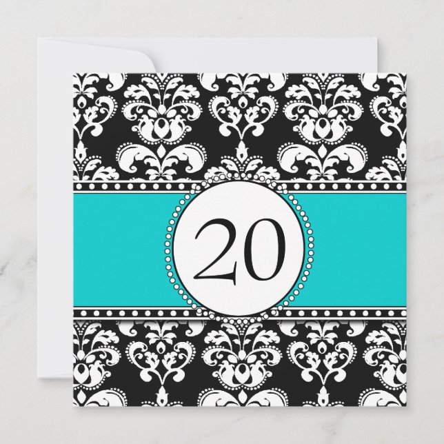 Black Damask 20th Birthday Invitations Aqua Blue (Front)
