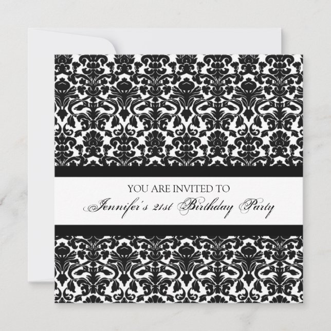 Black Damask 21st Birthday Party Invitations (Front)