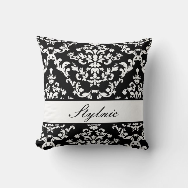 Black Damask #3 @ Stylnic customizable Throw Pillow (Front)