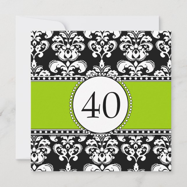 Black Damask 40th Birthday Invitations Green (Front)