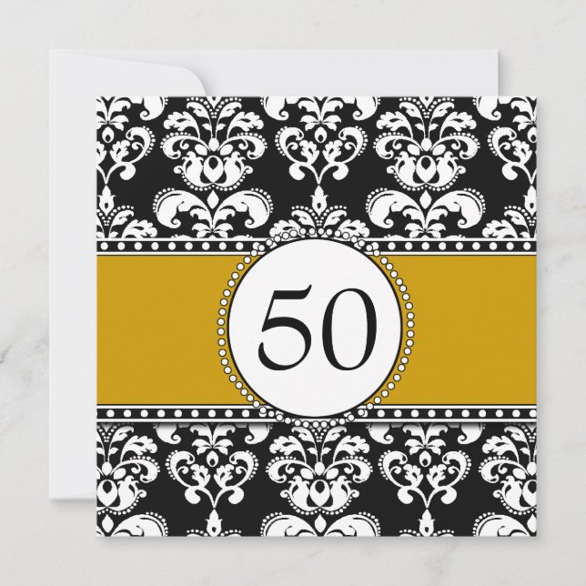 Black Damask 50th Birthday Invitations Gold (Front)