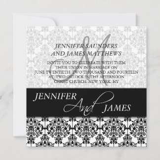 Black Damask 5 Monogram Name Wedding Invitations