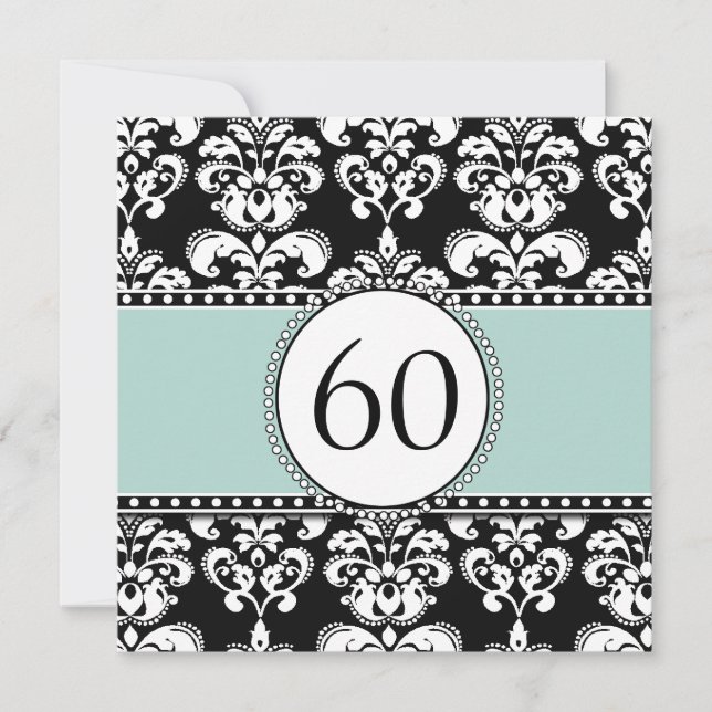 Black Damask 60th Birthday Invitation | Mint Green (Front)