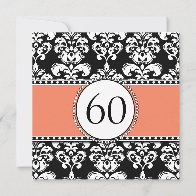 Black Damask 60th Birthday Invitation | Orange (Front)