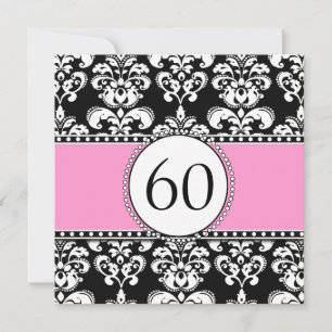 Black Damask 60th Birthday Invitation   Pink