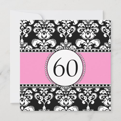 Black Damask 60th Birthday Invitation | Pink