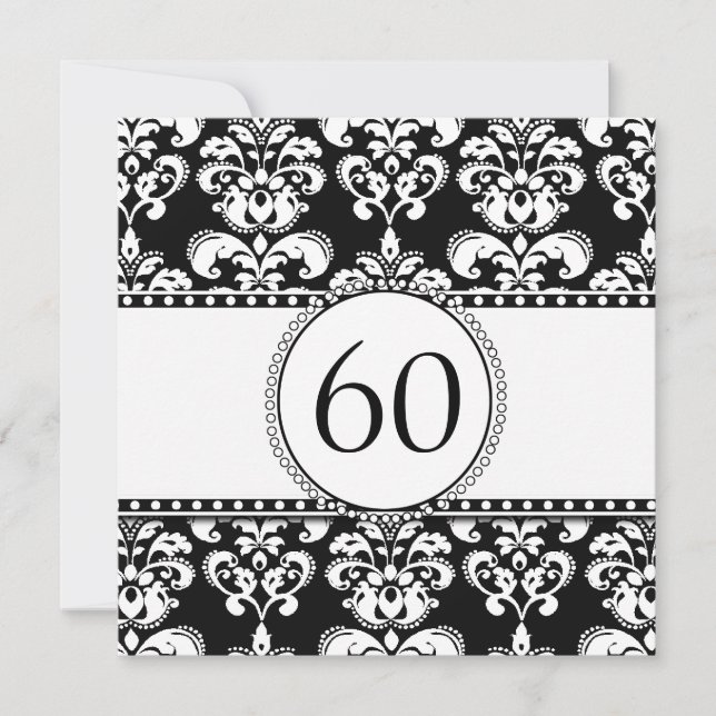 Black Damask 60th Birthday Invitation | White (Front)