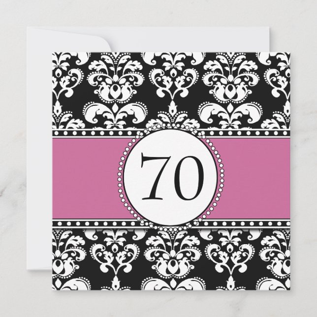 Black Damask 70th Birthday Invitations Dusty Rose (Front)
