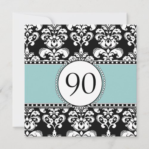 Black Damask 90th Birthday Invitations Blue