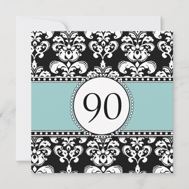 Black Damask 90th Birthday Invitations Blue (Front)