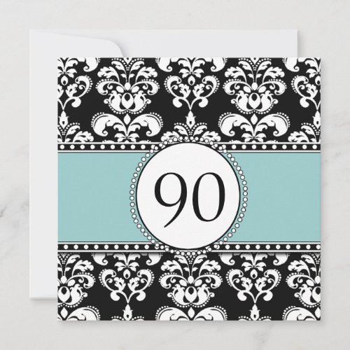 Black Damask 90th Birthday Invitations Blue