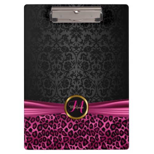 Black Damask and Bright Pink Leopard Design Clipboard