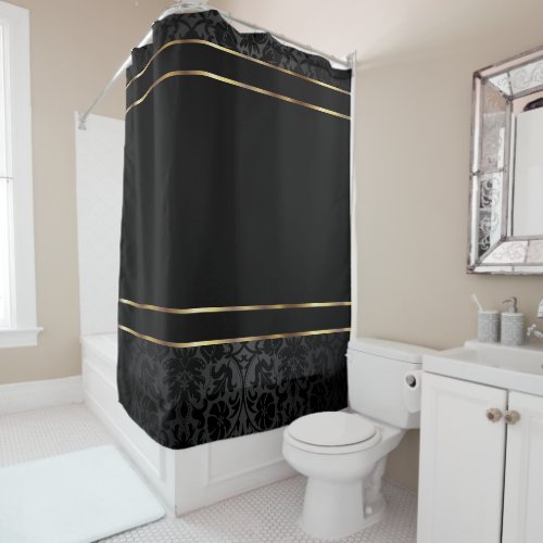 Black Damask and Gold Bar Design Shower Curtain