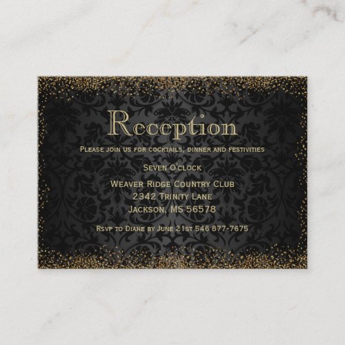 Black Damask and Gold Confetti Glitter _ Reception Enclosure Card