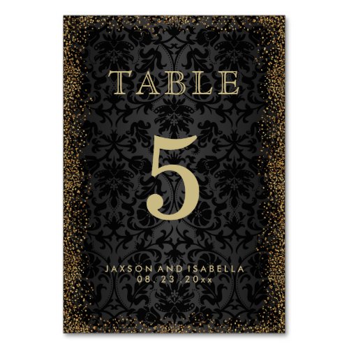 Black Damask and Gold Confetti Glitter _Table Card