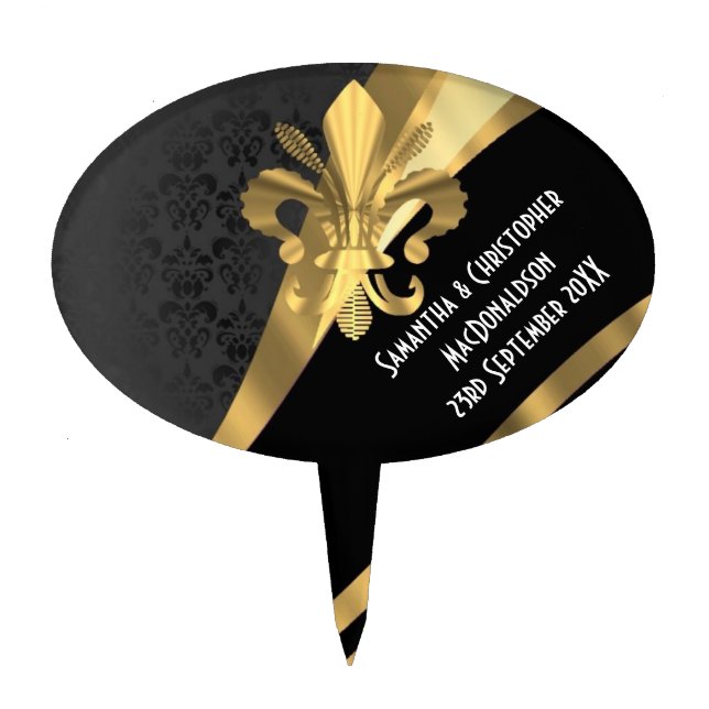 Black damask and gold fleur de lys cake topper (Front)