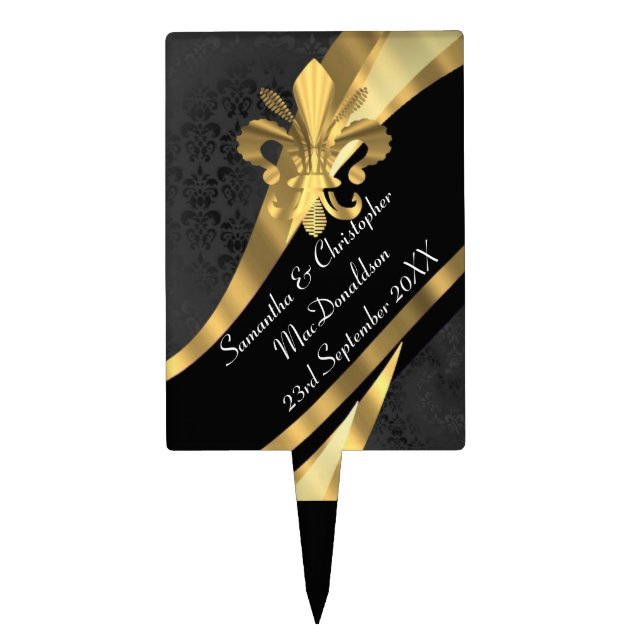 Black damask and gold fleur de lys cake topper (Front)