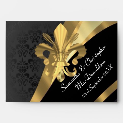 Black damask and gold fleur de lys envelope