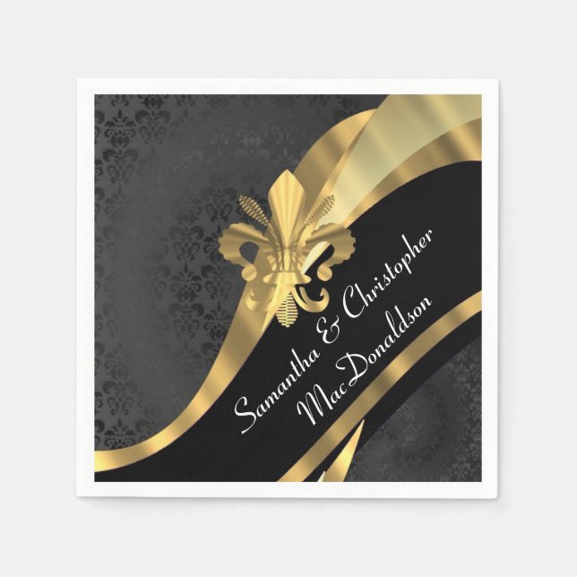 Black damask and gold fleur de lys napkins (Front)