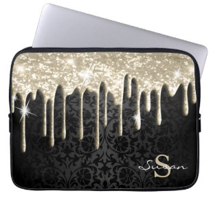 Black Damask and Gold Glitter Drip   Laptop Sleeve