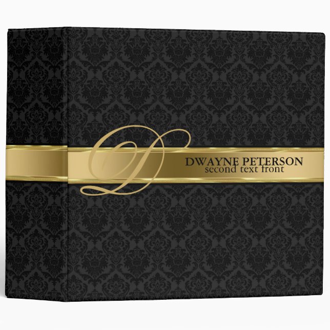 Black Damask And Gold Stripe 3 Ring Binder (Front/Spine)