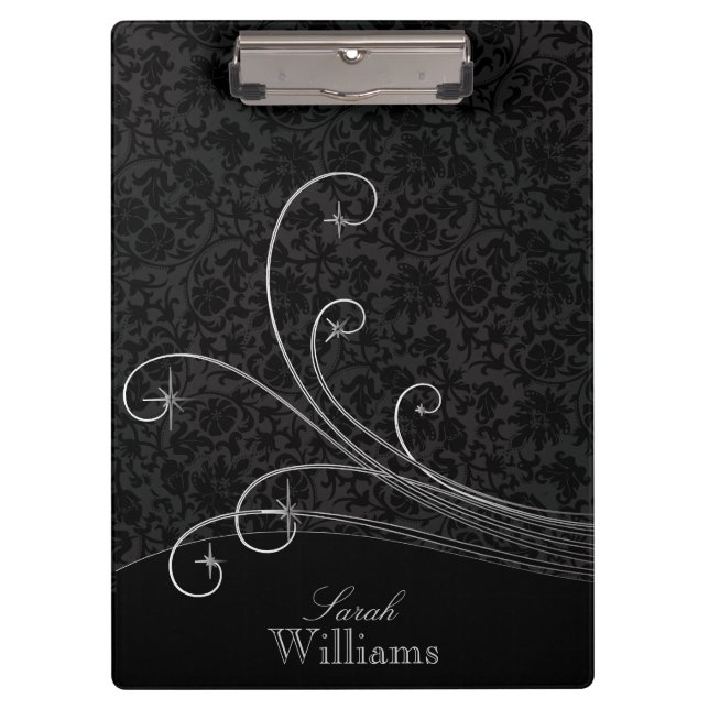 Black Damask and Gray Swirls Clipboard (Front)