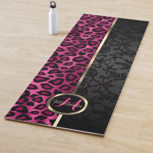 Black Damask and Hot Pink Leopard Yoga Mat