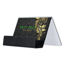 Black Damask And Metallic Gold Lace Desk Business Card Holder