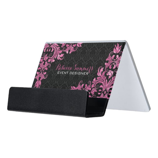 Black Damask And Metallic Pink Lace Desk Business Card Holder (Angled Front)