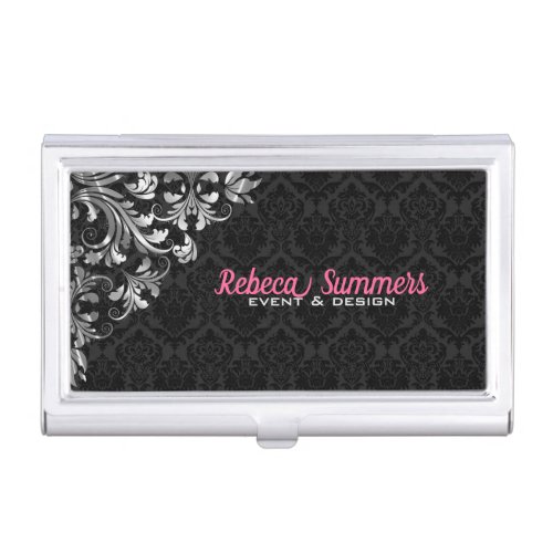 Black Damask And Metallic Silver Floral Lace Case For Business Cards