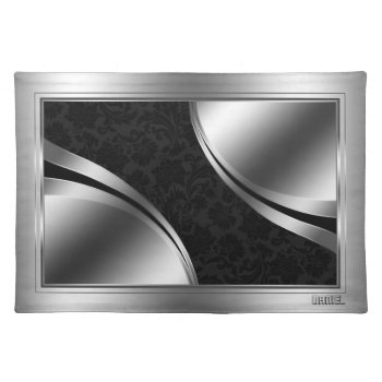Black Damask And Metallic Silver Frame Cloth Placemat by artOnWear at Zazzle