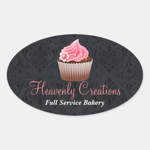 Black Damask and Pink Cupcake Bakery Sticker