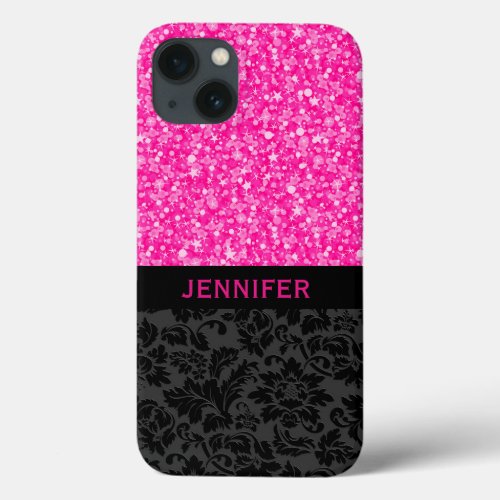 Black Damask And Pink Glitter iPhone 13 Case