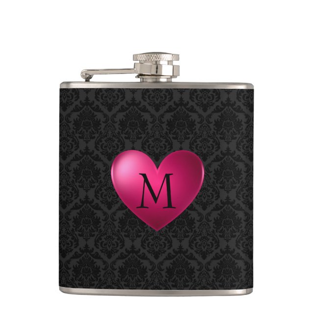 Black Damask And Pink Heart Flask (Front)