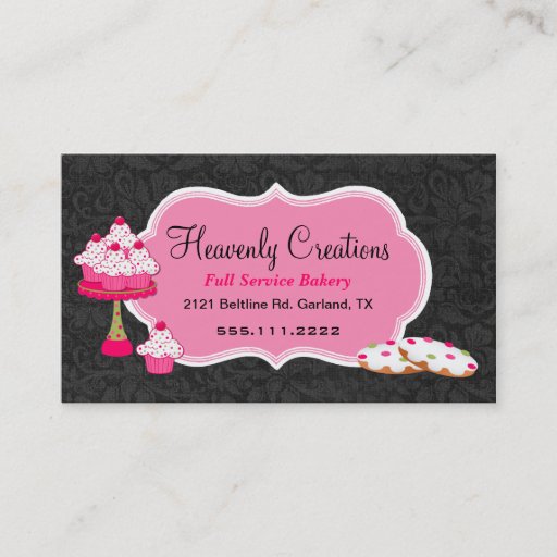 Customizable Black Damask and Pink Sweets Bakery Business Card