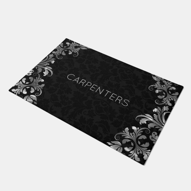 Black Damask And Silver Floral Lace Doormat (Angled)