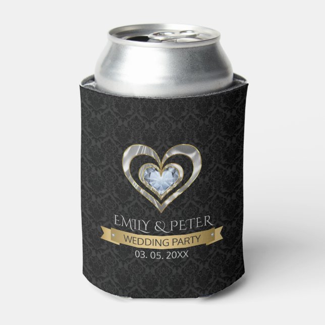 Black Damask And Silver Heart Can Cooler (Can Front)