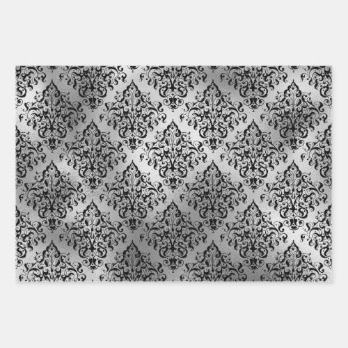 Black Damask and Silver Wrapping Paper Sheets