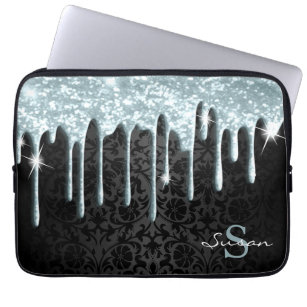 Black Damask and Teal Glitter Drip  Laptop Sleeve