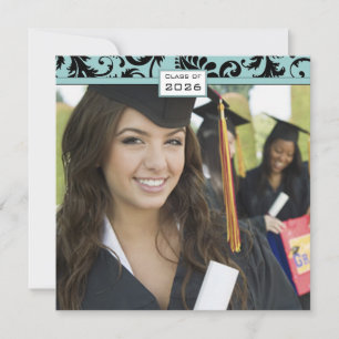 Black Damask Aqua Blue Graduation Invitation