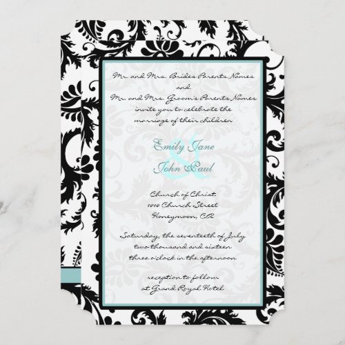 Black Damask Aqua Blue Monogram Wedding Invitation